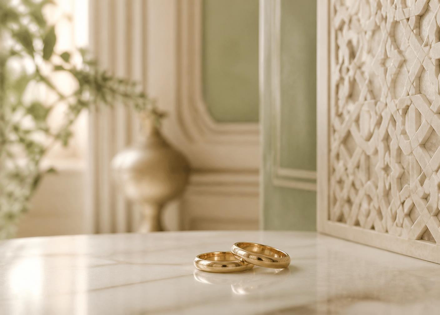 خاتما زواج ذهبيان على طاولة رخامية بإضاءة هادئة